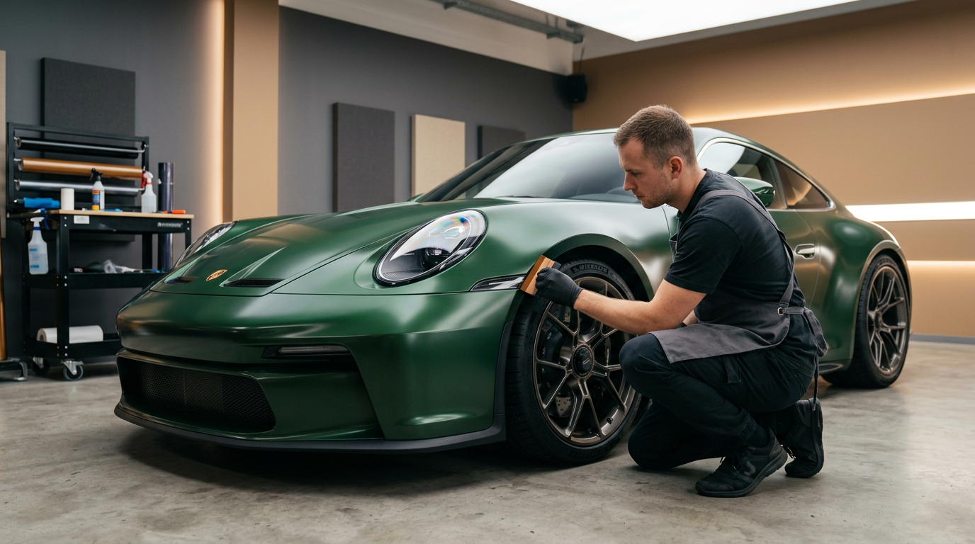 A technician applies deep satin green color change paint protection film to the front fender of a Porsche.
