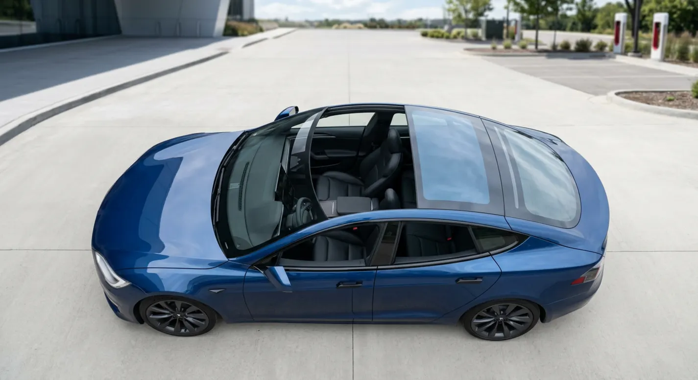 A Tesla with a tinted panoramic glass roof viewed from above, showing the heat-rejecting film that keeps the cabin bright.