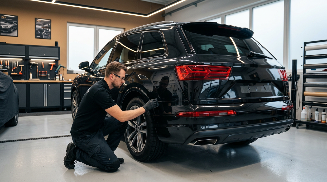 A technician inspects a nearly invisible paint protection film edge on a dark SUV in an automotive studio.