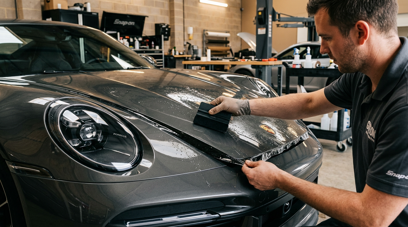 A technician applies clear paint protection film across a vehicle hood and front bumper in a Salt Lake City shop.