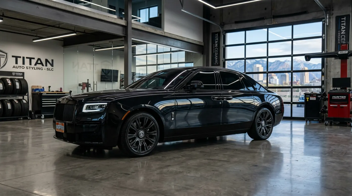 A dark vehicle with ceramic window tint installed sits in a modern Salt Lake City shop under dramatic lighting.