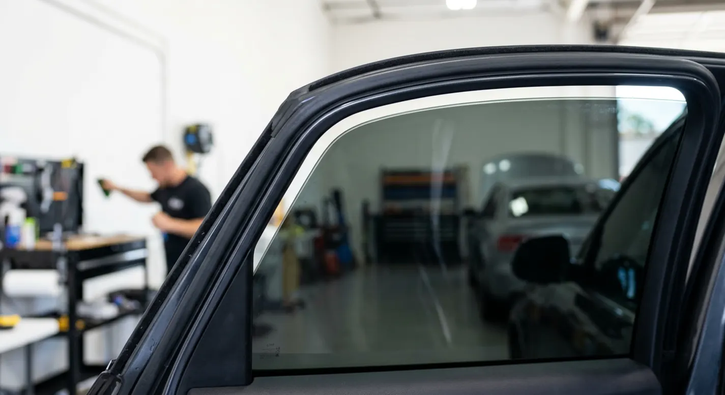 Close-up of SolarGard ceramic window tint applied to a car door, showing the clean, heat-rejecting film surface.