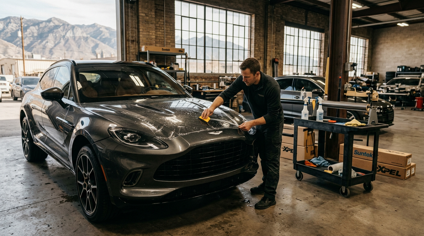 A technician applies clear paint protection film to a dark SUV in a Salt Lake City automotive shop.