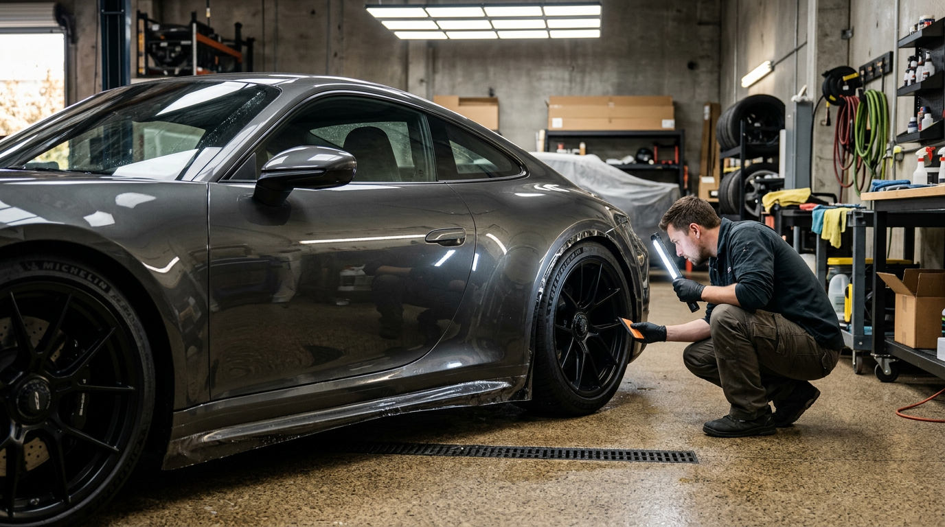 A technician checks paint protection film coverage along a performance car rocker panel and rear wheel area.