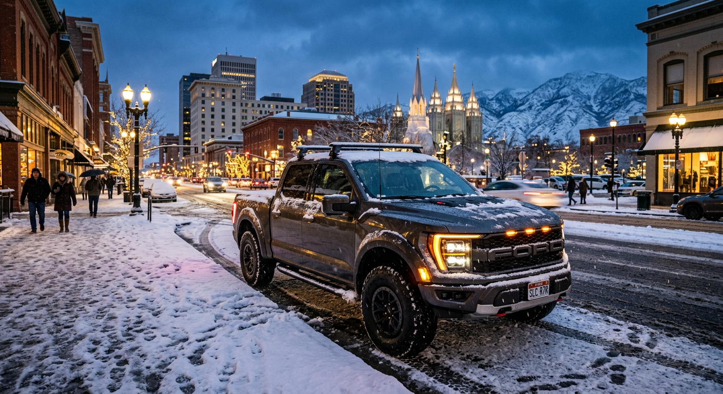 A dark high-end truck parked on a snowy Salt Lake City street at dusk with warm city lights glowing in the background.