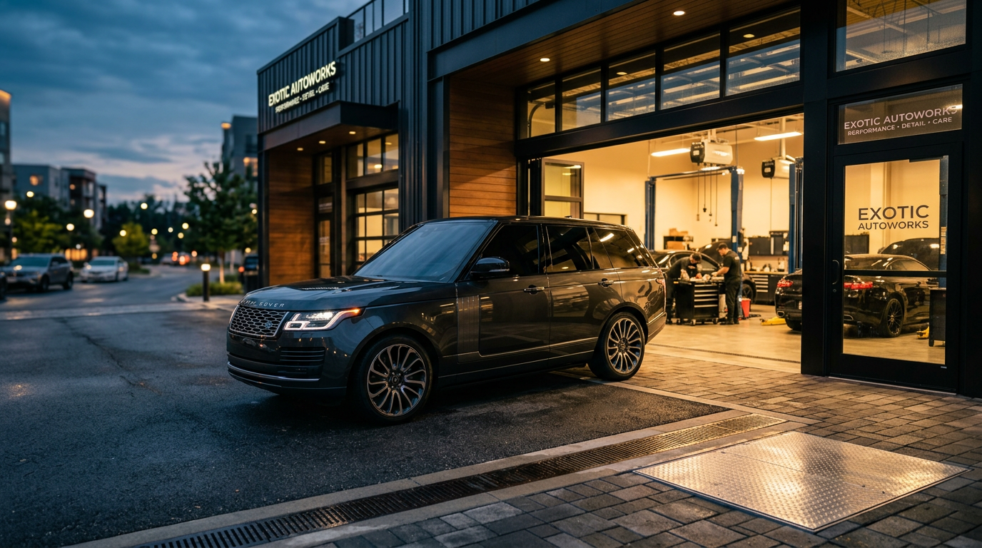 A dark high-end SUV with tinted windows parked outside a modern shop entrance at dusk with warm light from inside.