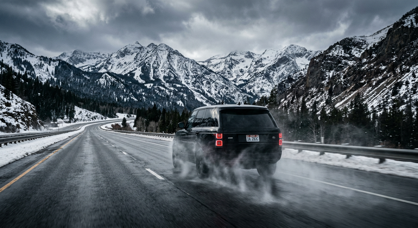 A dark SUV on a wet winter Utah highway with spray kicking up behind it and the snow-capped Wasatch mountains in the background.