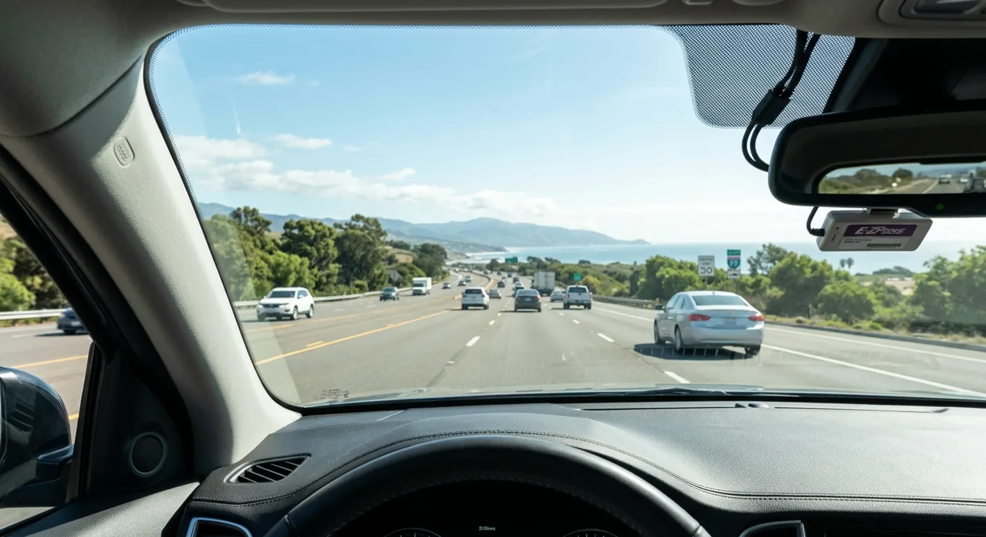 A car windshield with a clear heat-rejecting tint film applied, shown from inside the vehicle looking out in bright daylight.